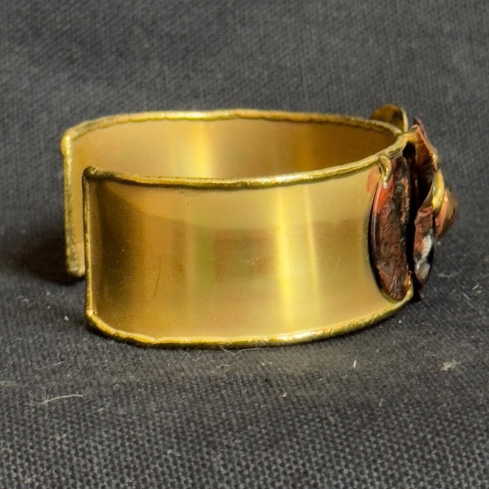South African Hand-crafted Brass Cuff Bracelet Abstract Red Gold Metal Accents - Picture 3 of 13